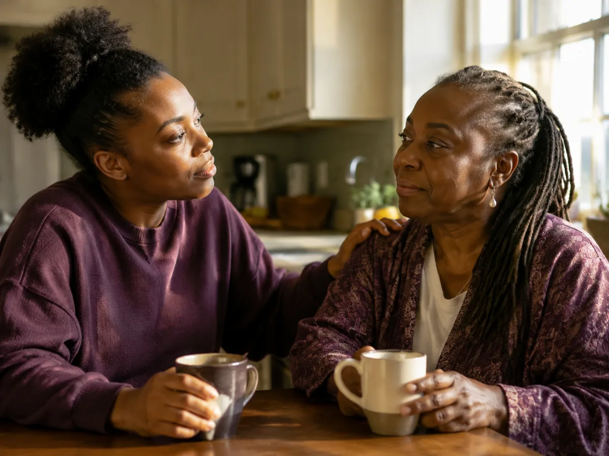 Two caregivers supporting one another at a kitchen table